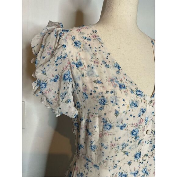 LoveShackFancy Blue Pearl River Floral Angie V-Neck Asymmetrical Silk Midi Size2 - Picture 6 of 14